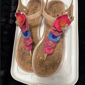 kate spade Nude T-Strap Sandals with Pink and Blue Floral Appliqués